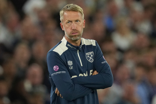 FILE - West Ham's head coach Graham Potter reacts during the Premier League soccer match between Chelsea and West Ham in London, Friday, Aug. 22, 2025. (AP Photo/Dave Shopland, file) FILE - West Ham's head coach Graham Potter reacts during the Premier League soccer match between Chelsea and West Ham in London, Friday, Aug. 22, 2025. (AP Photo/Dave Shopland, file)
