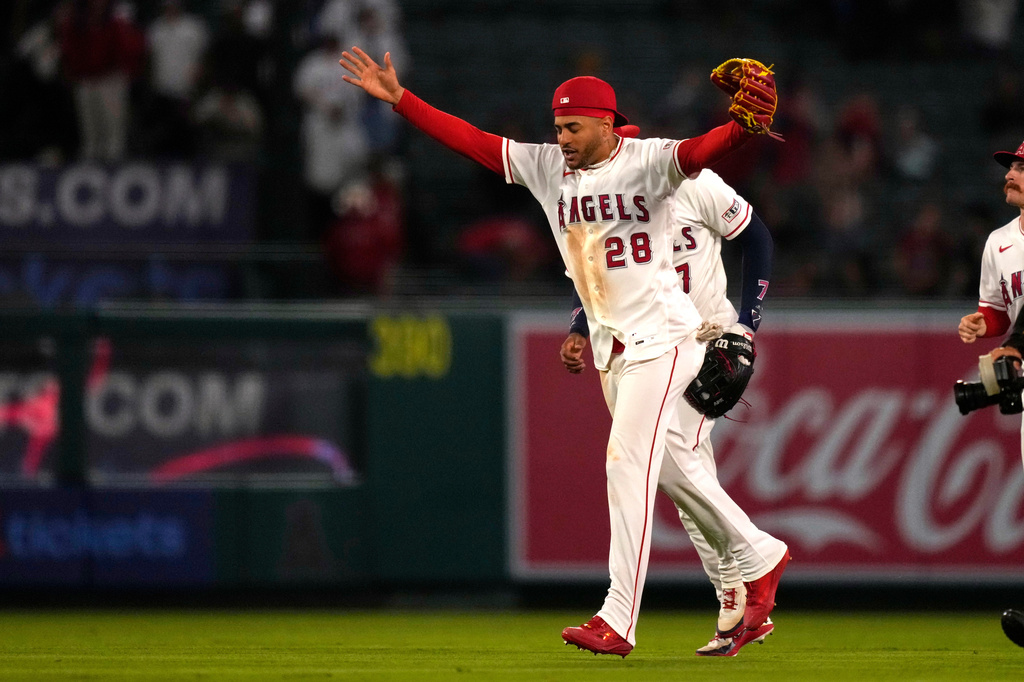 Los Angeles Angels' Jose Siri celebrates after the Angels defeated the against the Colorado Rockies in a baseball game Wednesday, June 3, 2026, in Anaheim, Calif. (AP Photo/Mark J. Terrill)