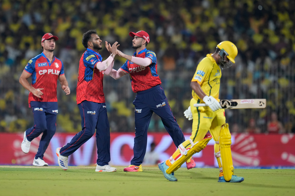 Punjab Kings' Vijaykumar Vyshak celebrates the wicket of Chennai Super Kings' Ayush Mhatre, right, with teammates during the Indian Premier League cricket match between Chennai Super Kings and Punjab Kings in Chennai, India, Friday, April 3, 2026. (AP Photo/Aijaz Rahi)