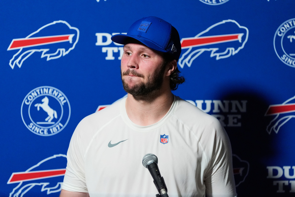 Buffalo Bills quarterback Josh Allen takes a question during a news conference after an NFL football game against the Houston Texans Thursday, Nov. 20, 2025, in Houston. (AP Photo/Ashley Landis)