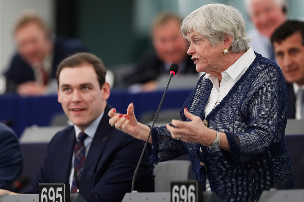 FILE - Britain's European parliament member Ann Widdecombe, right, of the Brexit party, speaks during a debate at the European parliament, Jan. 14, 2020, in Strasbourg, eastern France. (AP Photo/Jean-Francois Badias, File)