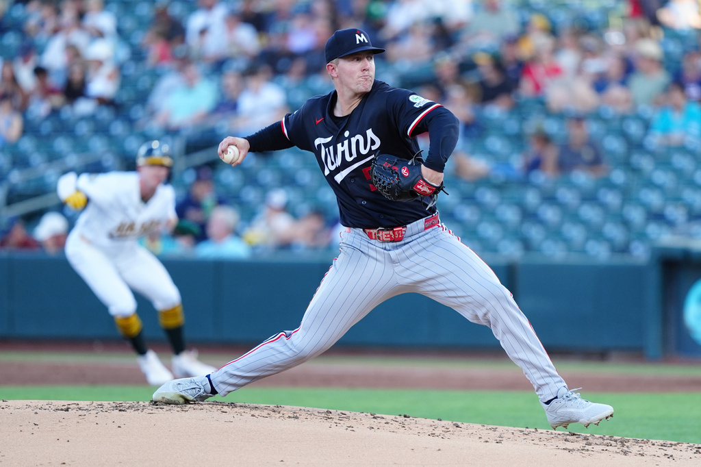 Minnesota Twins pitcher Zebby Matthews throws during the first inning of a baseball game against the Athletics, Monday, Aug. 24, 2026, in West Sacramento, Calif. (AP Photo/Alan Greth)
