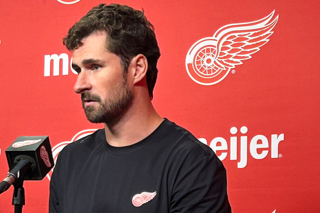 Detroit Red Wings center Dylan Larkin speaks during an NHL hockey news conference, Thursday, Sept. 17, 2026, in Detroit. (AP Photo/Larry Lage)
