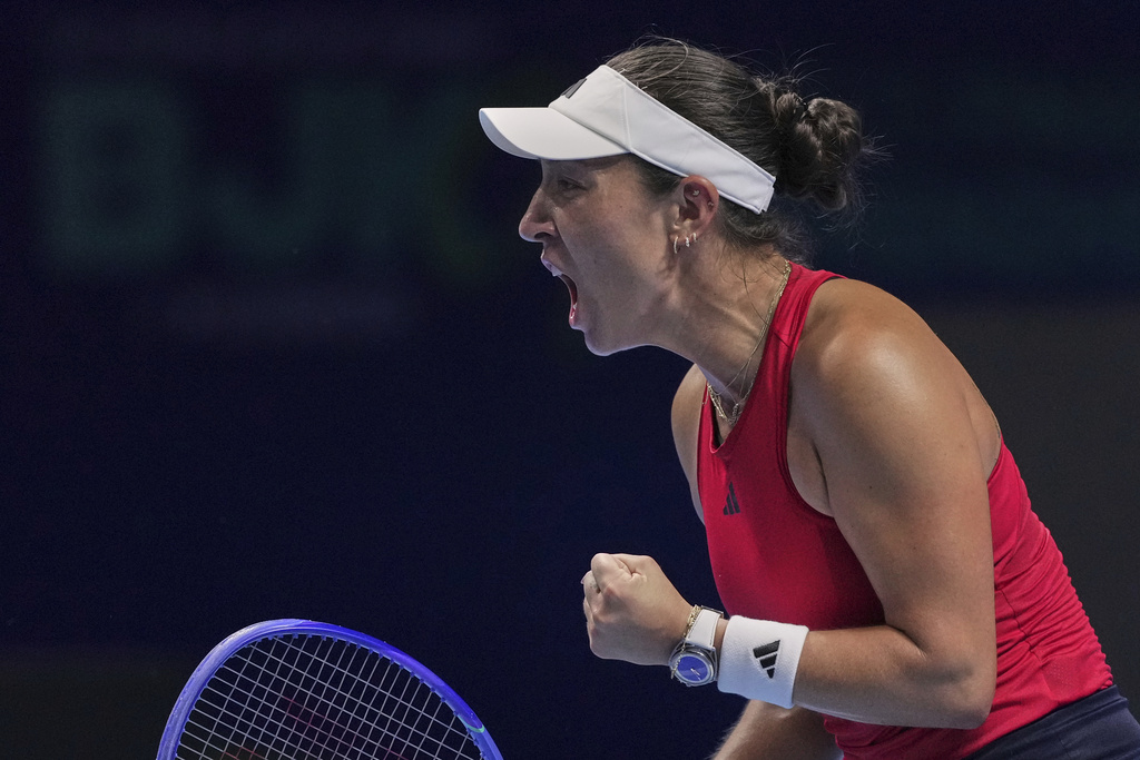 Jessica Pegula, of the United States celebrates after defeating Katie Boulter, of Britain in the Billie Jean King Cup semifinals tennis match, at the Shenzhen Bay Sports Center Arena, in Shenzhen, China's Guangdong province, Saturday, Sept. 20, 2025. (AP Photo/Andy Wong)