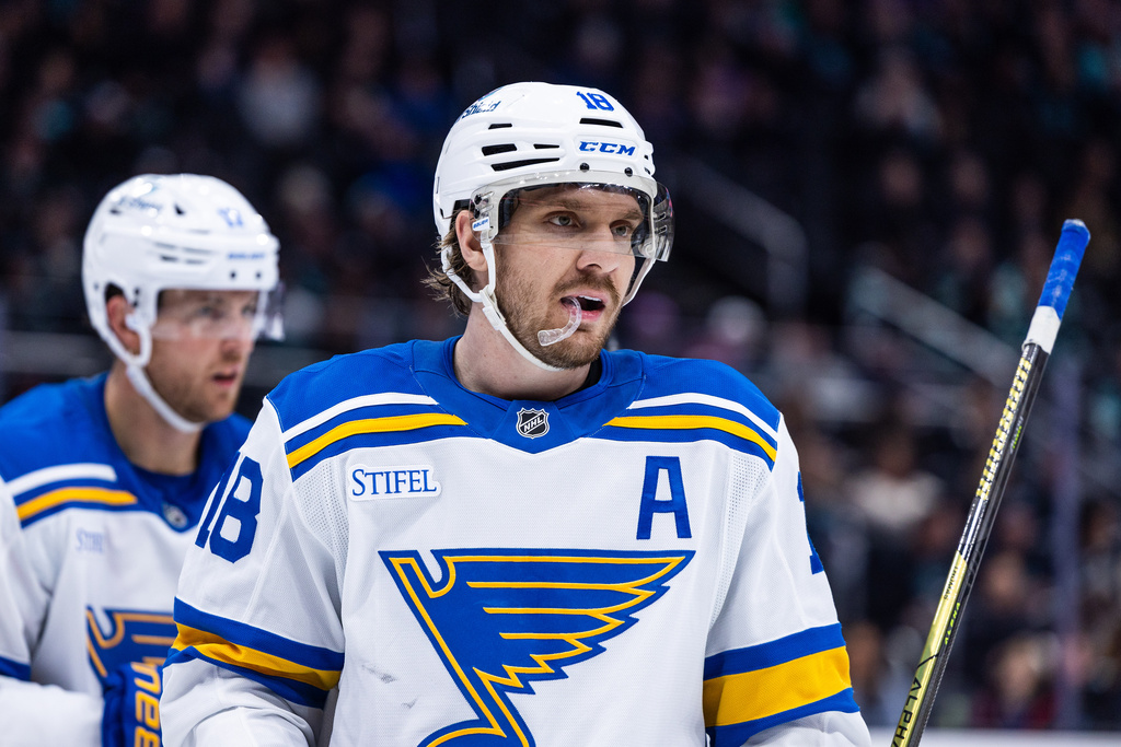 St. Louis Blues center Robert Thomas (18) looks on during the third period of an NHL hockey game against the Seattle Kraken, Wednesday, March 4, 2026, in Seattle. (AP Photo/Maddy Grassy)