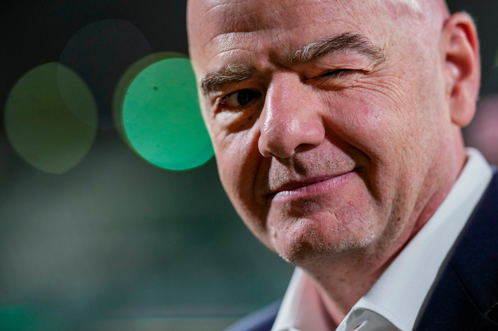 FILE - FIFA President Gianni Infantino looks on during the women's Premier League match between Al Ahli FC and Al Ittihad FC at the Al- Ahli Club stadium in Jeddah, Saudi Arabia, Thursday, Dec 14, 2023. (AP Photo/Manu Fernandez, File)