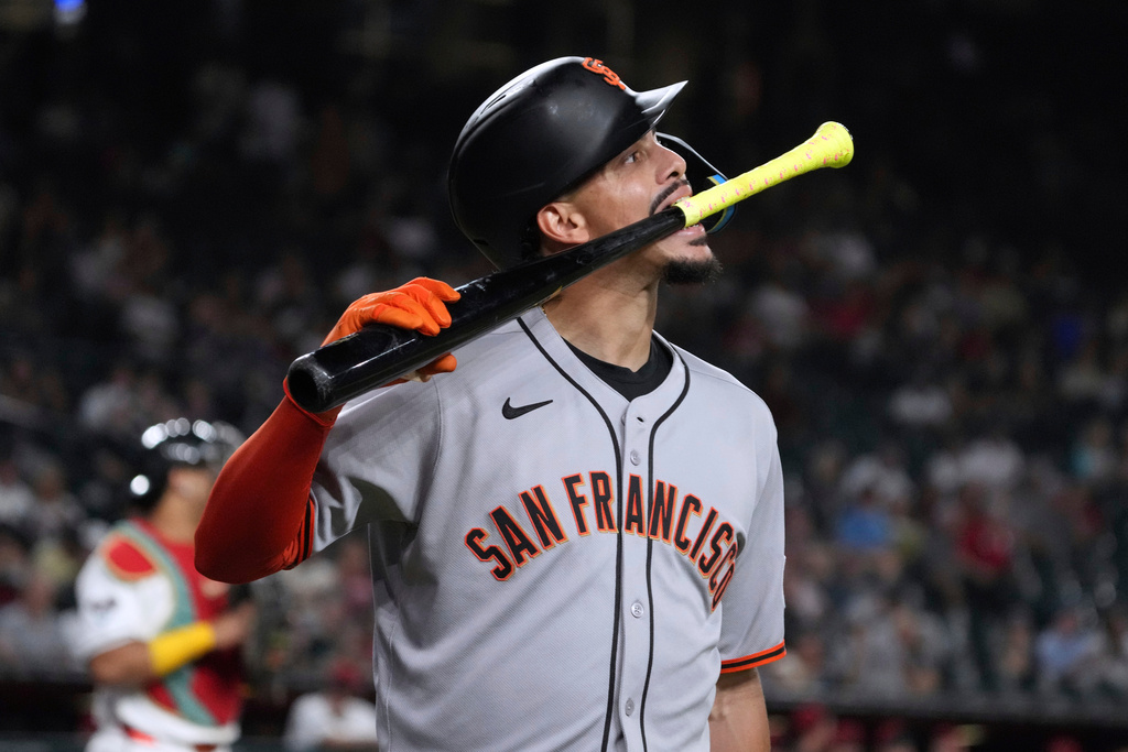 San Francisco Giants' Willy Adames reacts after striking out against the Arizona Diamondbacks in the first inning of a baseball game, Tuesday, Sept. 16, 2025, in Phoenix. (AP Photo/Rick Scuteri)