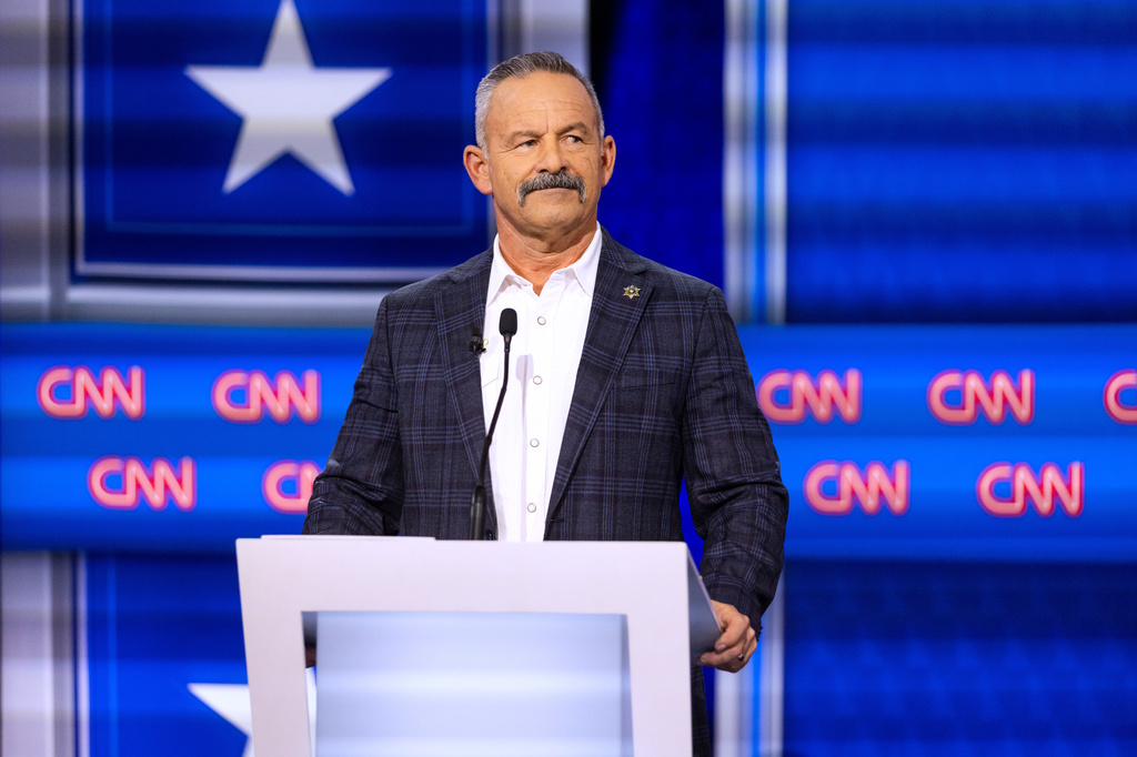 Chad Bianco participates in a California gubernatorial debate hosted by CNN at East Los Angeles College in Monterey Park, Calif. Tuesday, May 5, 2026. (AP Photo/Ethan Swope)