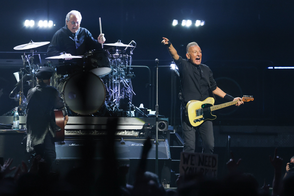 Max Weinberg, left, of the E Street Band, and Bruce Springsteen perform on opening night of the "Land of Hope And Dreams" tour at Target Center in Minneapolis. (AP Photo/Ellen Schmidt)