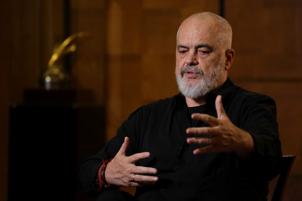 Albanian Prime Minister Edi Rama speaks during an interview with The Associated Press in Tirana, Albania, Tuesday, June 9, 2026. (AP Photo/Hameraldi Agolli)