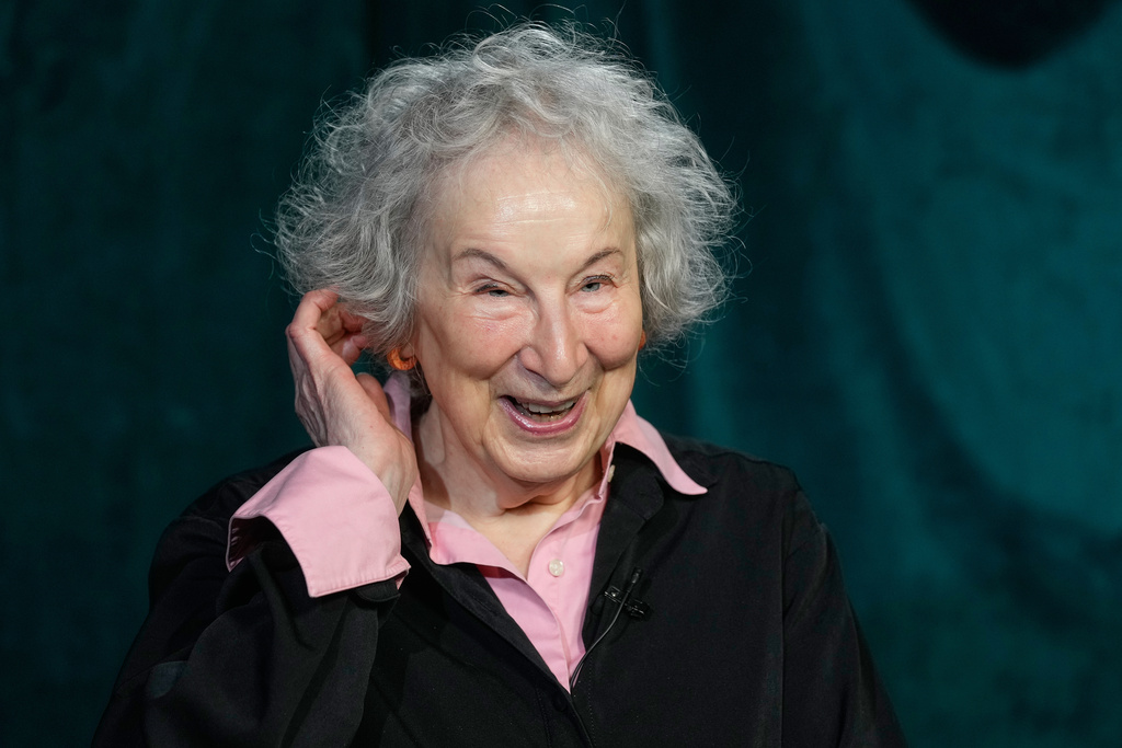 Author Margaret Atwood appears during an interview in New York on Thursday, Nov. 6, 2025. (AP Photo/Richard Drew)