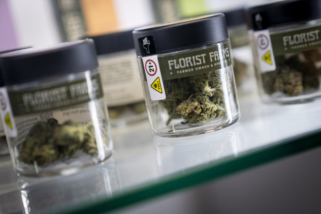 FILE - Cannabis flowers are displayed for sale, Jan. 24, 2023, in New York. (AP Photo/John Minchillo, File)