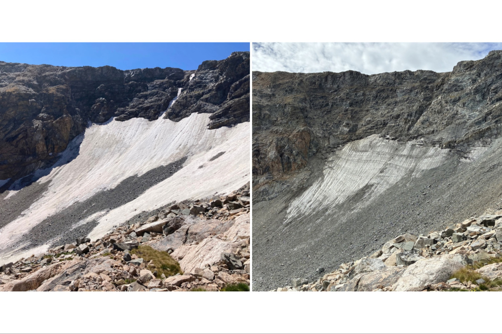 This combination of photos provided by Harlan Ulmer shows the St. Vrain Glacier in the Rocky Mountains near Allenspark, Colo., on Sept. 1, 2024, left, and Sept. 6, 2026. (Harlan Ulmer via AP)