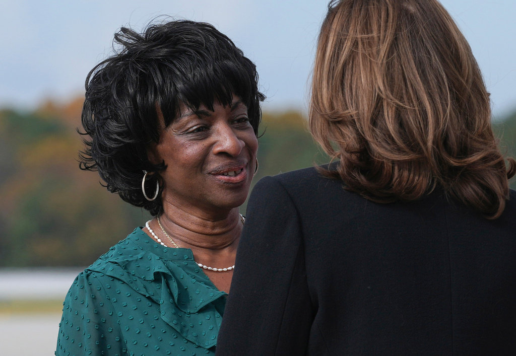 FILE - Rep. Valerie Foushee, D-N.C., left, talks with Democratic presidential nominee Vice President Kamala Harris, as Harris arrives at Raleigh–Durham International Airport in Morrisville, N.C., Oct. 30, 2024. (AP Photo/Susan Walsh, File)
