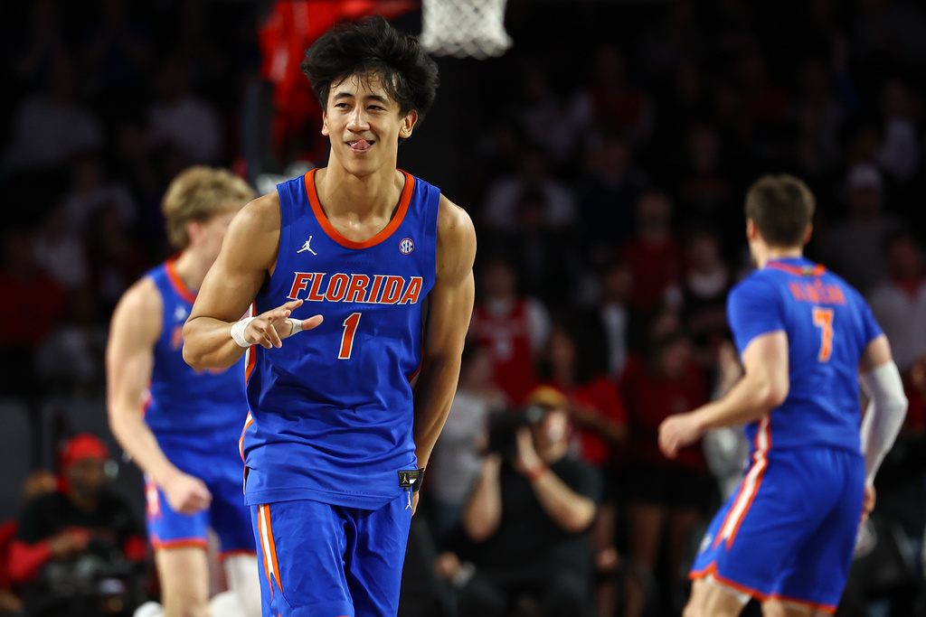 Florida guard Xaivian Lee (1) reacts during the first half of an NCAA college basketball game against Georgia, Wednesday, Feb. 11, 2026, in Athens, Ga. (AP Photo/Colin Hubbard)