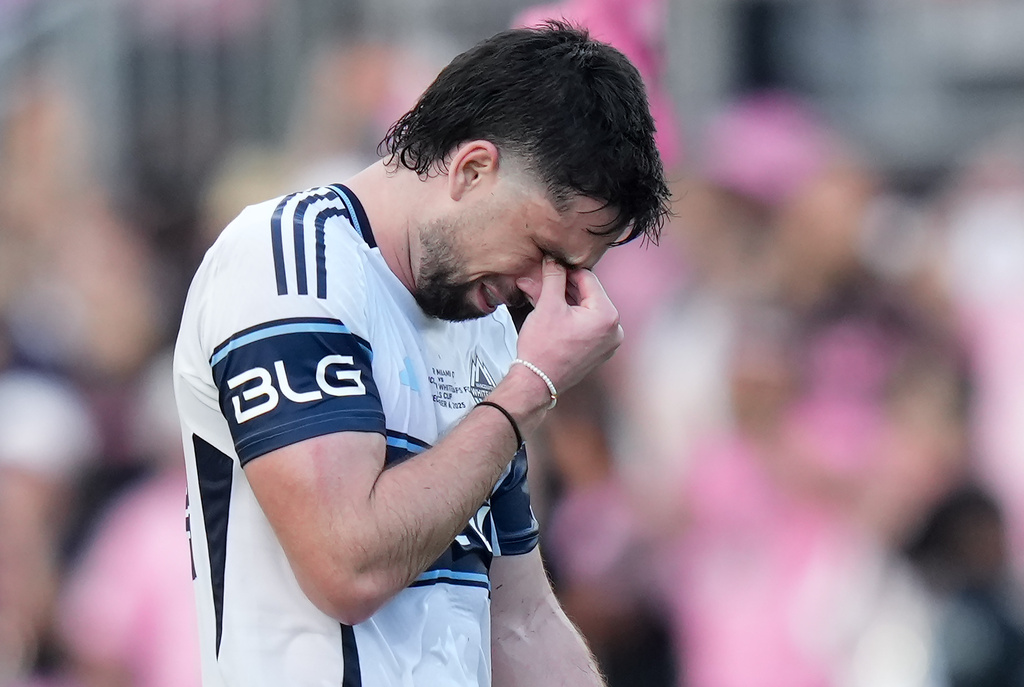 Vancouver Whitecaps' Brian White reacts after Inter Miami defeated Vancouver during the MLS Cup final soccer match, in Fort Lauderdale, Fla., Saturday, Dec. 6, 2025. (Darryl Dyck/The Canadian Press via AP)