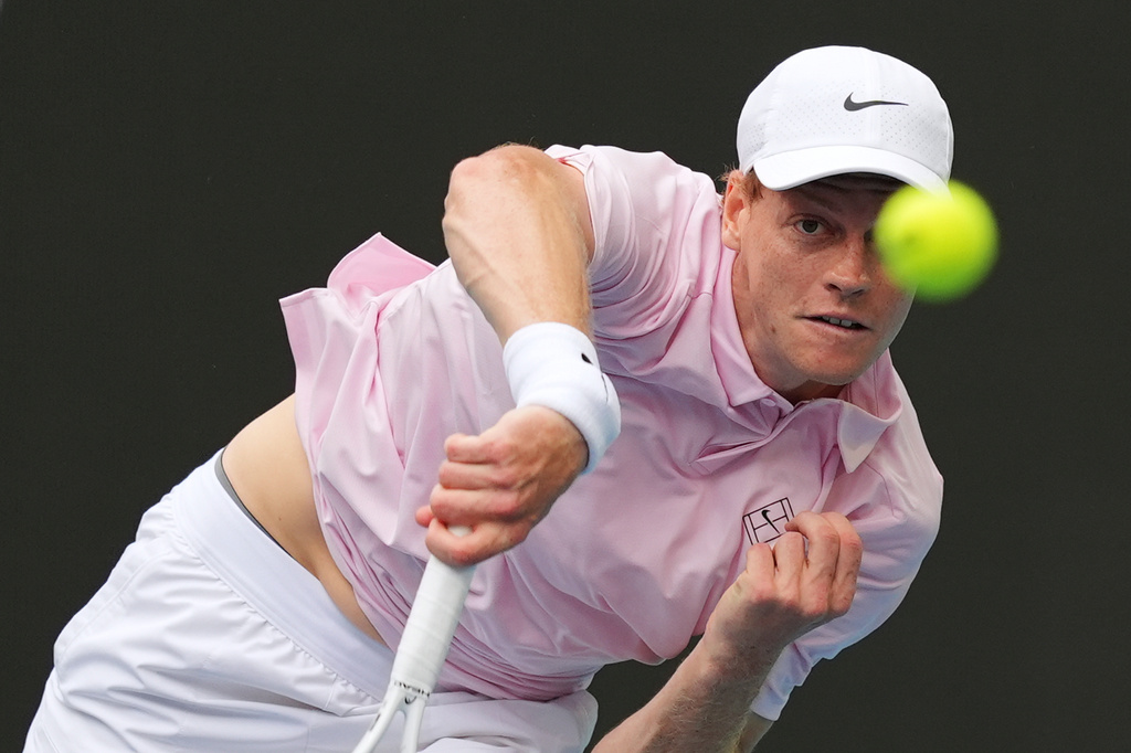 Jannik Sinner of Italy serves against Jiri Lehecka of the Czech Republic in the men's singles final at the Miami Open tennis tournament, Sunday, March 29, 2026, in Miami Gardens, Fla. (AP Photo/Rebecca Blackwell)