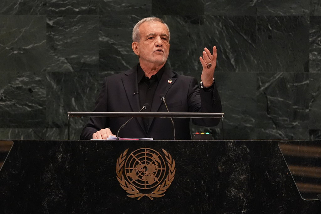 Iran's President Masoud Pezeshkian speaks during the 81st session of the United Nations General Assembly at United Nations headquarters, Wednesday, Sept. 23, 2026. (AP Photo/Heather Khalifa)