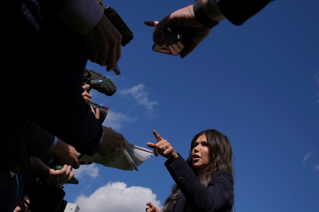 FILE - U.S. Secretary of Homeland Security Kristi Noem speaks to the media during the Five Country Ministerial meeting at the Honourable Artillery Company in London, Sept. 8, 2025. (AP Photo/Kin Cheung, File)