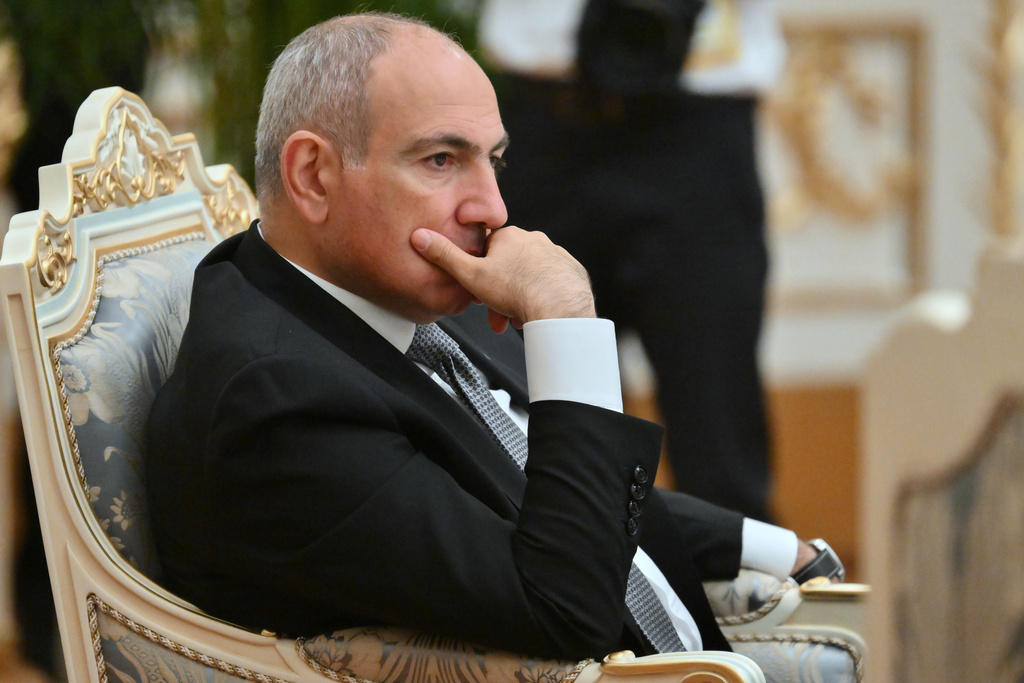 Armenian Prime Minister Nikol Pashinyan attends the summit of the Commonwealth of Independent States at the Palace of the Nation in Dushanbe, Tajikistan, on Friday, Oct. 10, 2025. (Grigory Sysoev, Sputnik, Kremlin Pool Photo via AP)