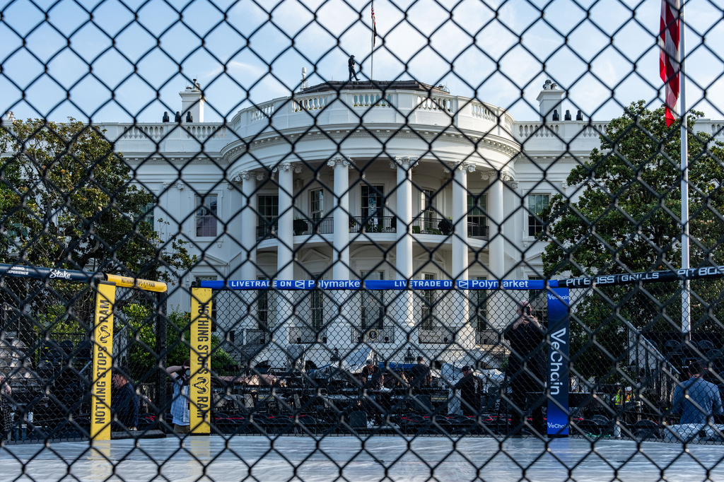 Members of the media view the arena for the UFC Freedom 250 fights on the South Lawn of the White House, Thursday, June 11, 2026, in Washington. (AP Photo/Alex Brandon)