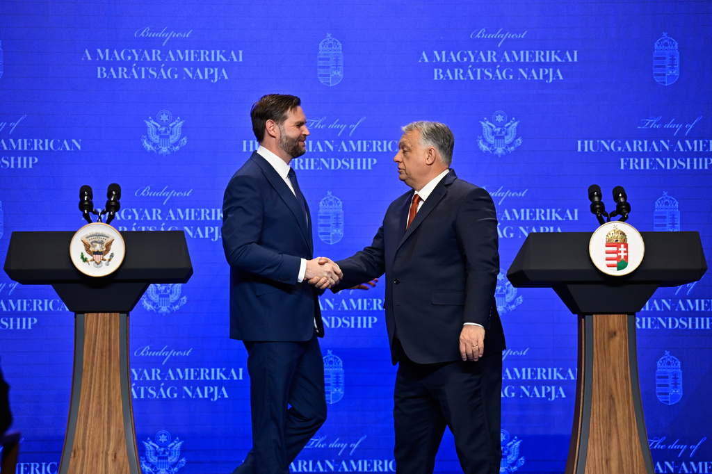 U.S. Vice President JD Vance shake hands with Hungarian Prime Minister Viktor Orban as they meet in Budapest, Hungary, Tuesday, April 7, 2026. (AP Photo/Denes Erdos)