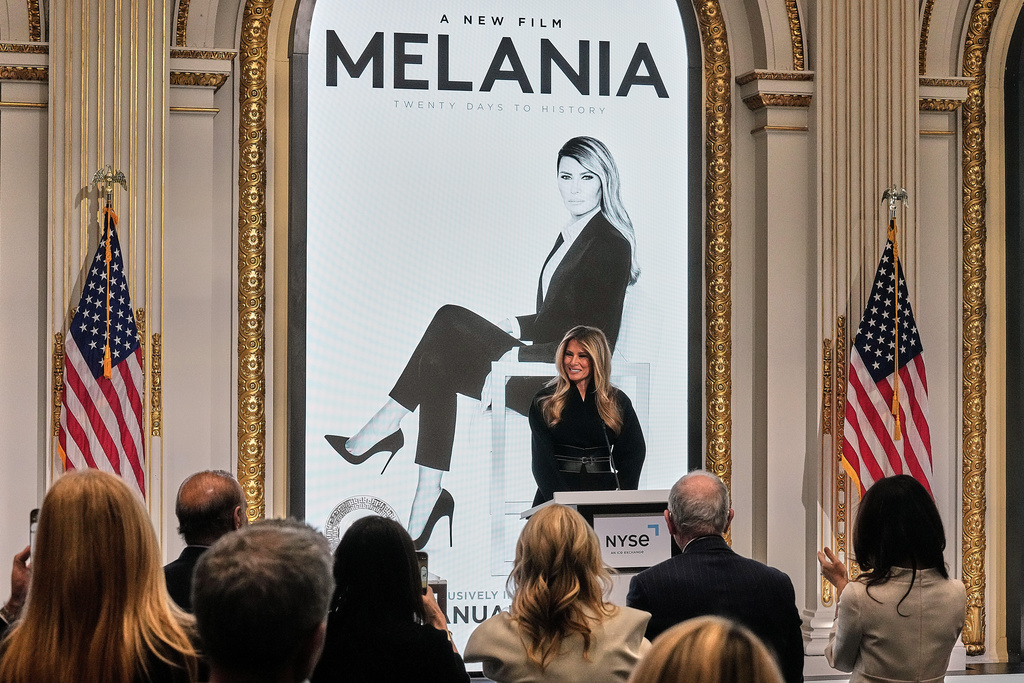First lady Melania Trump delivers her remarks in the New York Stock Exchange board room before ringing the opening bell, Wednesday, Jan. 28, 2026. (AP Photo/Richard Drew)