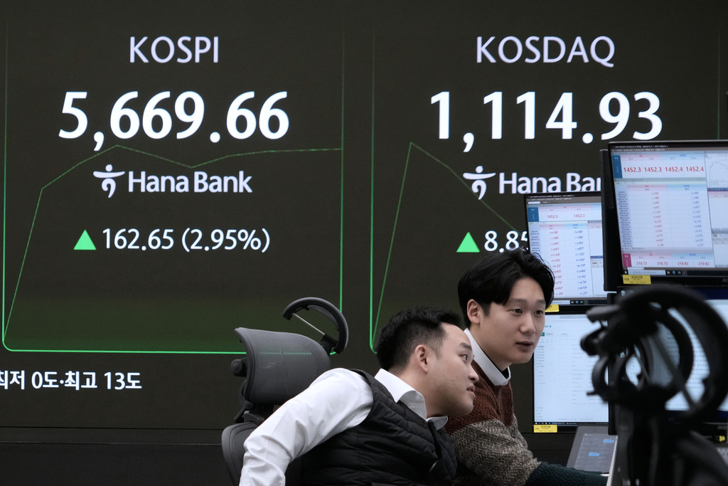 Currency traders watch monitors near a screen showing the Korea Composite Stock Price Index (KOSPI), left, at the foreign exchange dealing room of the Hana Bank headquarters, in Seoul, South Korea, Thursday, Feb. 19, 2026. (AP Photo/Ahn Young-joon)