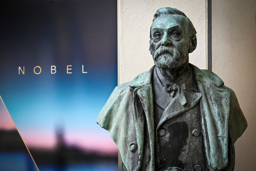 FILE - A bust of Alfred Nobel is displayed at the Karolinska Institute in Stockholm on Oct. 3, 2022. (Henrik Montgomery/TT News Agency via AP, File)