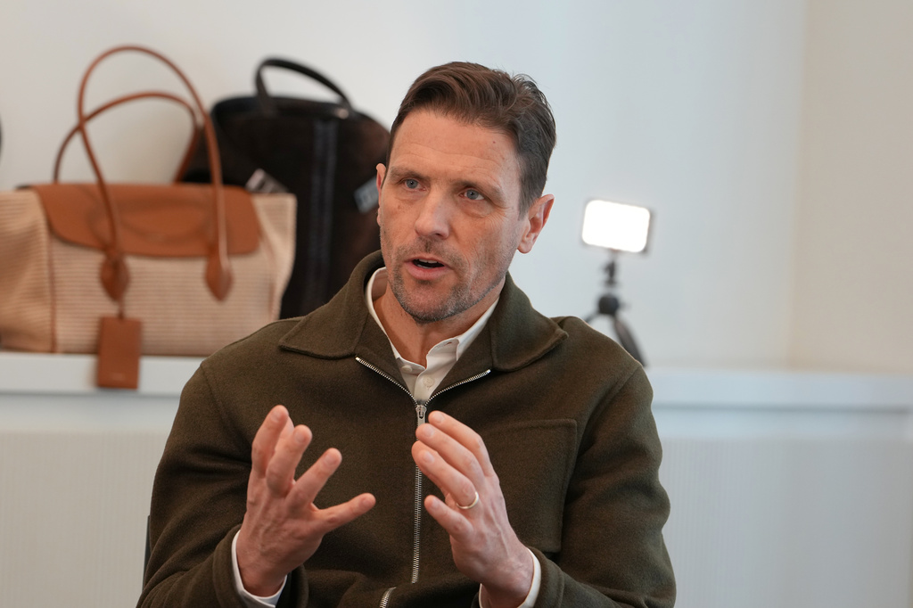 James Ferragamo, a chief product officer for the Salvatore Ferragamo group, talks with journalists during an interview with the Associated Press, in Milan, Italy, Wednesday, April 22, 2026. (AP Photo/Antonio Calanni) CORRECTION: Corrects role to chief product officer instead of Men's and Women's Leather Product Director.