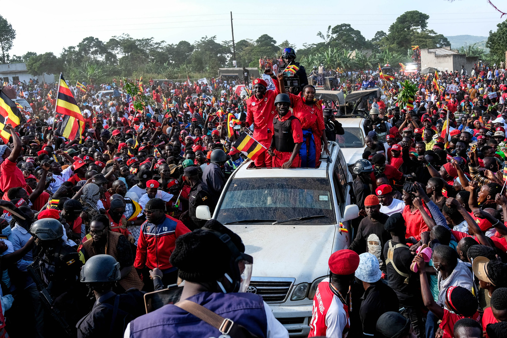 Uganda opposition presidential candidate Robert Kyagulanyi Ssentamu who is known as Bobi Wine arrives at an election campaign rally in Mukono, Uganda, Friday, Jan. 9, 2026. (AP Photo/Hajarah Nalwadda)