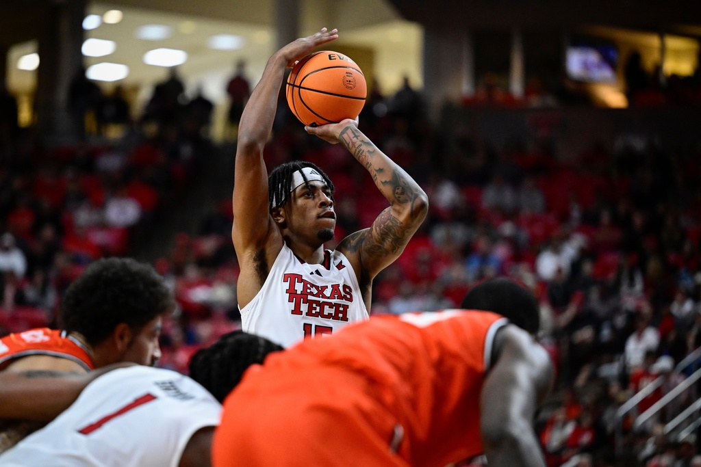 Texas Tech forward JT Toppin, center, attempts a free throw against Sam Houston State during the first half of an NCAA college basketball game Friday, Nov. 7, 2025, in Lubbock, Texas. (AP Photo/Justin Rex)