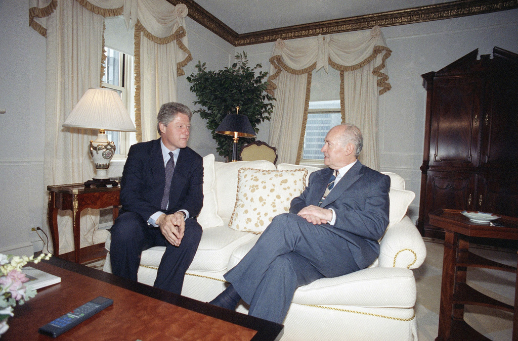 FILE -Democratic Presidential Candidate Bill Clinton, left, meets with President George Vassiliou of Cyprus at New York's Waldorf-Astoria hotel, Aug. 9, 1992. (AP Photo/Mario Cabrera, File)