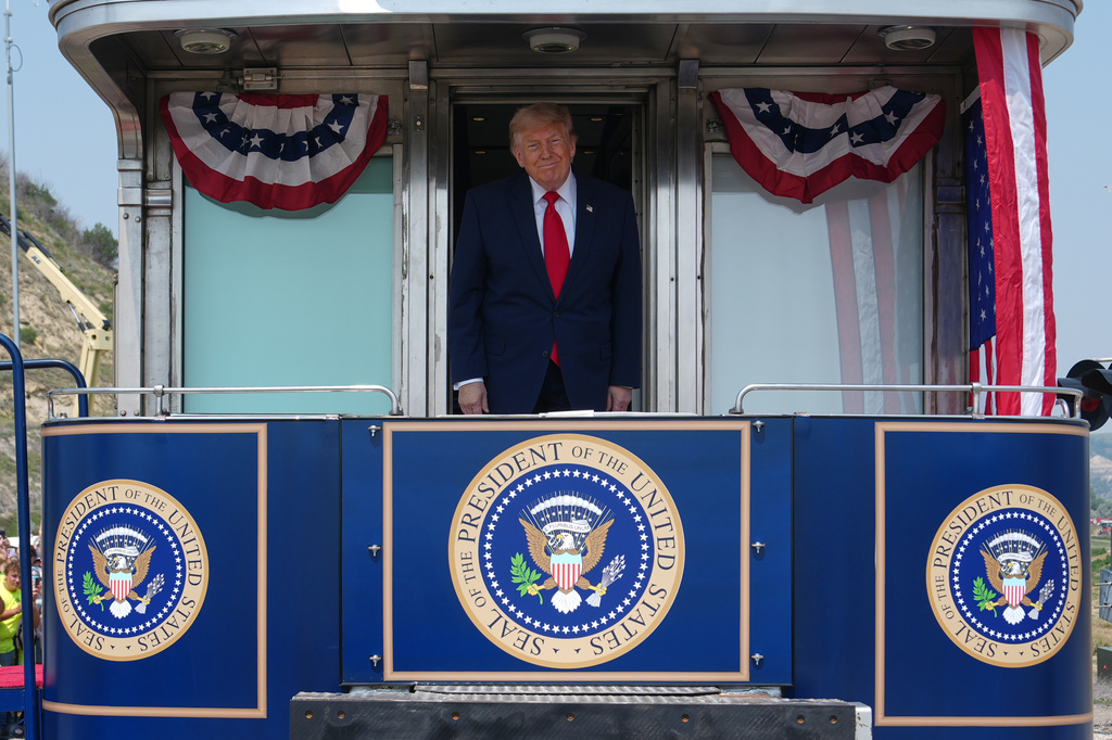 President Donald Trump arrives on the Freedom 250 train, Wednesday, July 1, 2026, in Medora, N.D., for the opening of the Theodore Roosevelt President Library. (AP Photo/Julia Demaree Nikhinson)