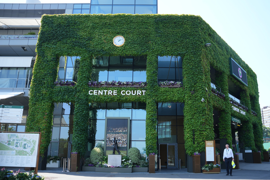 A general view of Centre Court as final preparations are made ahead of the Wimbledon tennis championships in London, Wednesday, June 24, 2026. (AP Photo/Kin Cheung)
