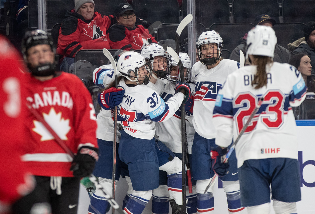 United States players celebrates a goal against Canada during the first period of Rivalry Series game in Edmonton on Wednesday, Dec. 10, 2025. (Jason Franson/The Canadian Press via AP)