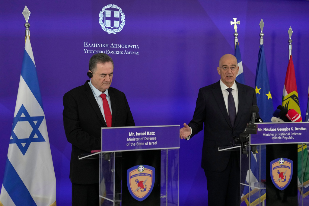 Greek Defense Minister Nikos Dendias, right, makes statements with his Israeli counterpart Israel Katz after their meeting in Athens, Greece, Tuesday, Jan. 20, 2026. (AP Photo/Thanassis Stavrakis)