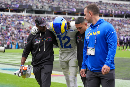 Trainers help Los Angeles Rams wide receiver Puka Nacua off the field during the first half of an NFL football game against the Baltimore Ravens Sunday, Oct. 12, 2025, in Baltimore. (AP Photo/Stephanie Scarbrough) Trainers help Los Angeles Rams wide receiver Puka Nacua off the field during the first half of an NFL football game against the Baltimore Ravens Sunday, Oct. 12, 2025, in Baltimore. (AP Photo/Stephanie Scarbrough)