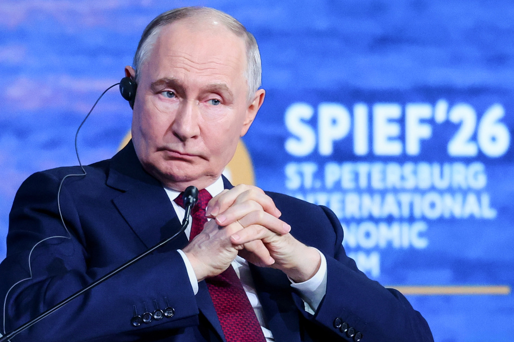 In this photo released by the Roscongress Foundation, Russian President Vladimir Putin attends a plenary session at the St. Petersburg International Economic Forum in St. Petersburg, Russia, on Friday, June 5, 2026. (Kirill Kazachkov/Roscongress Foundation via AP)