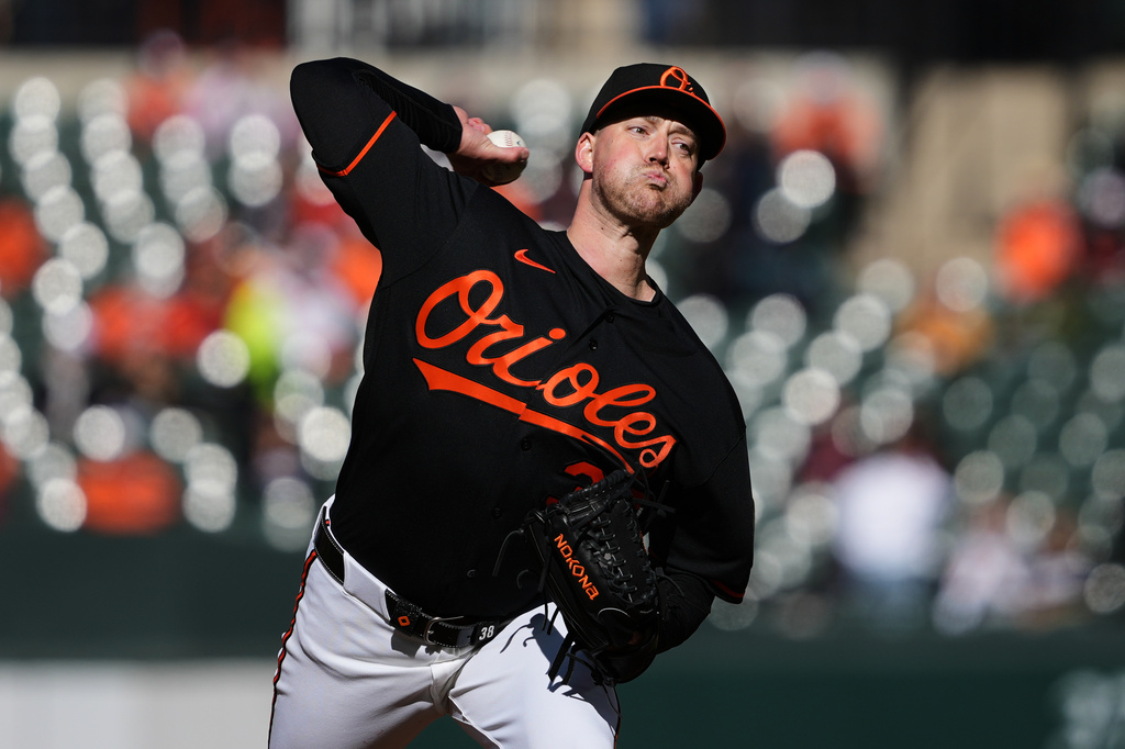 Baltimore Orioles pitcher Kyle Bradish delivers during the first inning of a baseball game against the Minnesota Twins, Saturday, March 28, 2026, in Baltimore. (AP Photo/Stephanie Scarbrough)