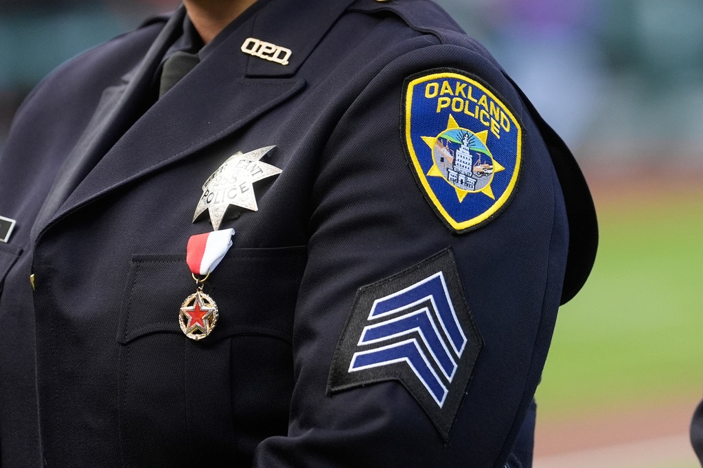 FILE - An Oakland Police Department patch is shown before a baseball game between the San Francisco Giants and the Philadelphia Phillies in San Francisco, Tuesday, July 8, 2025. (AP Photo/Jeff Chiu,File)
