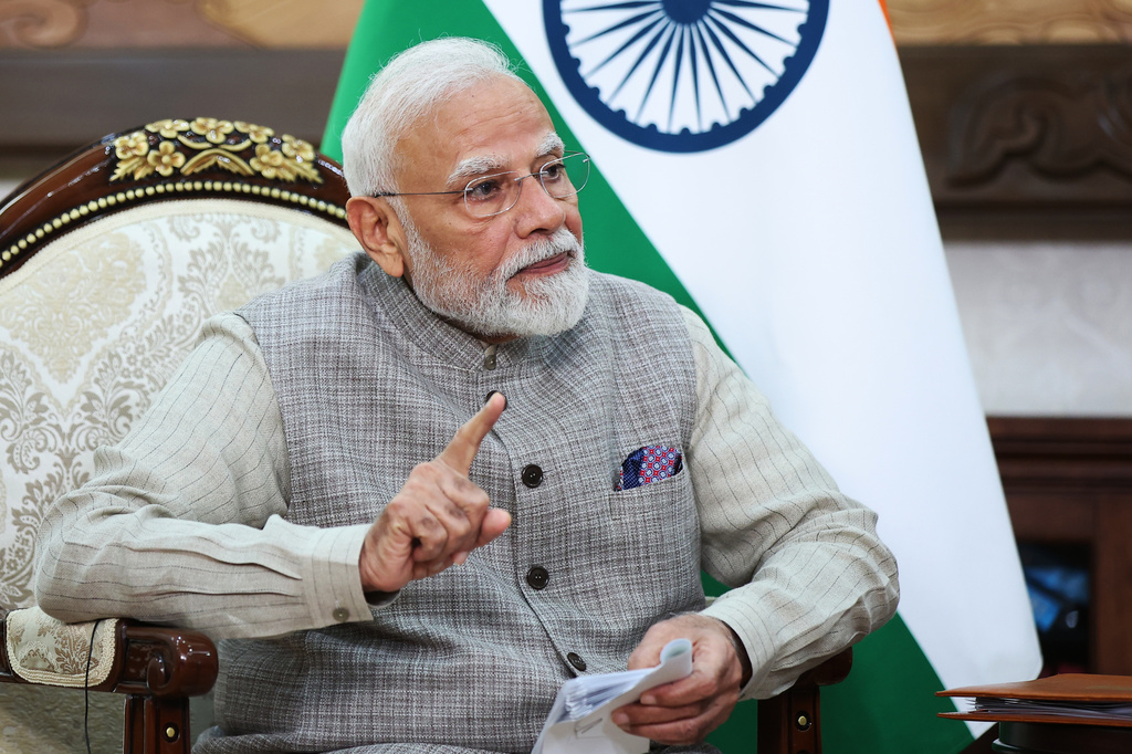 Indian Prime Minister Narendra Modi speaks during a meeting with Russian President Vladimir Putin on the sidelines of the Shanghai Cooperation Organization (SCO), in Bishkek, Kyrgyzstan, on Monday, Aug. 31, 2026. (Pyotr Kovalev, Sputnik, Kremlin Pool Photo via AP)