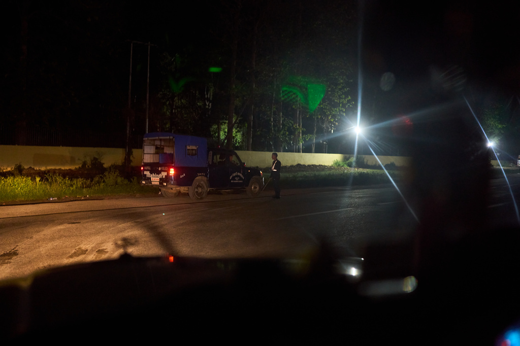 Police are seen at a meeting spot for transgender sex workers in Hetauda, Nepal, Friday, May 15, 2026. (AP Photo/Bram Janssen)