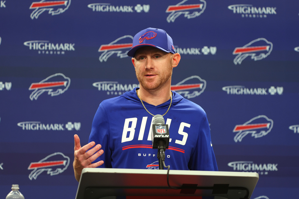 Buffalo Bills head coach Joe Brady speaks to the media after an NFL football game in Orchard Park, N.Y., Thursday, Sept. 17, 2026. (AP Photo/Jeffrey T. Barnes )