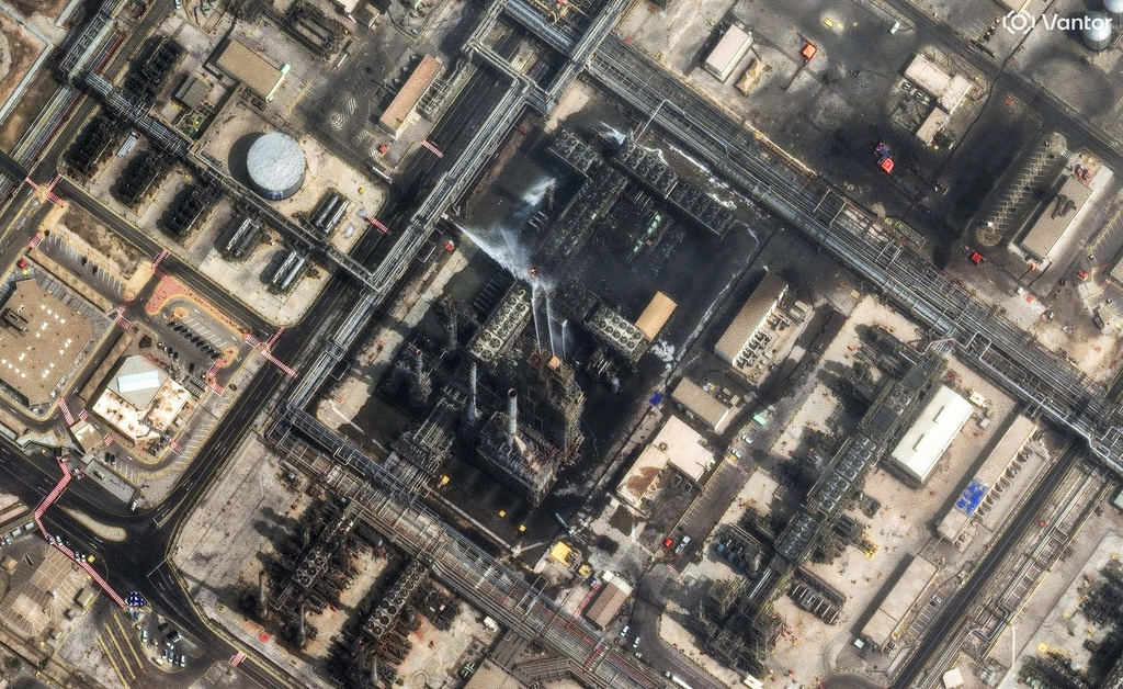 This satellite image provided by Vantor shows firefighting crews working to contain a fire and damage after a drone attack at Ras Tanura oil refinery, in Saudi Arabia, Monday, March 2, 2026. (Satellite image ©2026 Vantor via AP)