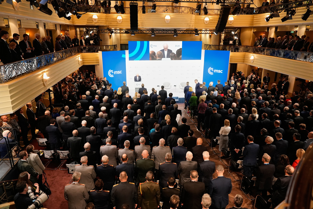 Attendees observe a moment of silence at the Munich Security Conference in Munich, Germany, Saturday, Feb. 14, 2026. (AP Photo/Alex Brandon, Pool)
