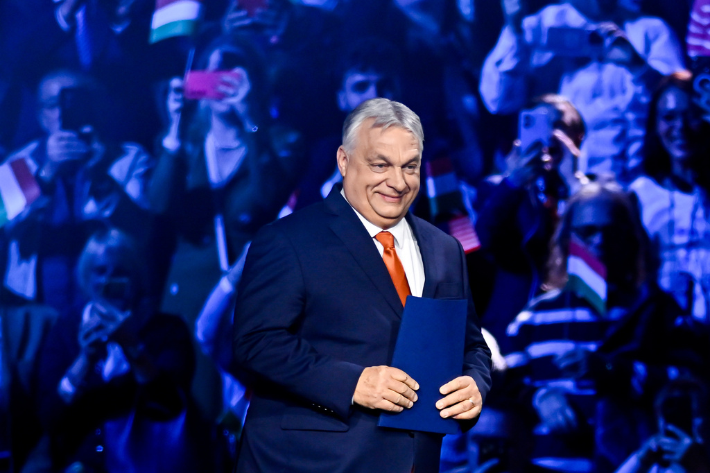 Hungary's Prime Minister Viktor Orban smiles before a pre-election rally in Budapest, Hungary, Tuesday, April 7, 2026. (AP Photo/Denes Erdos)