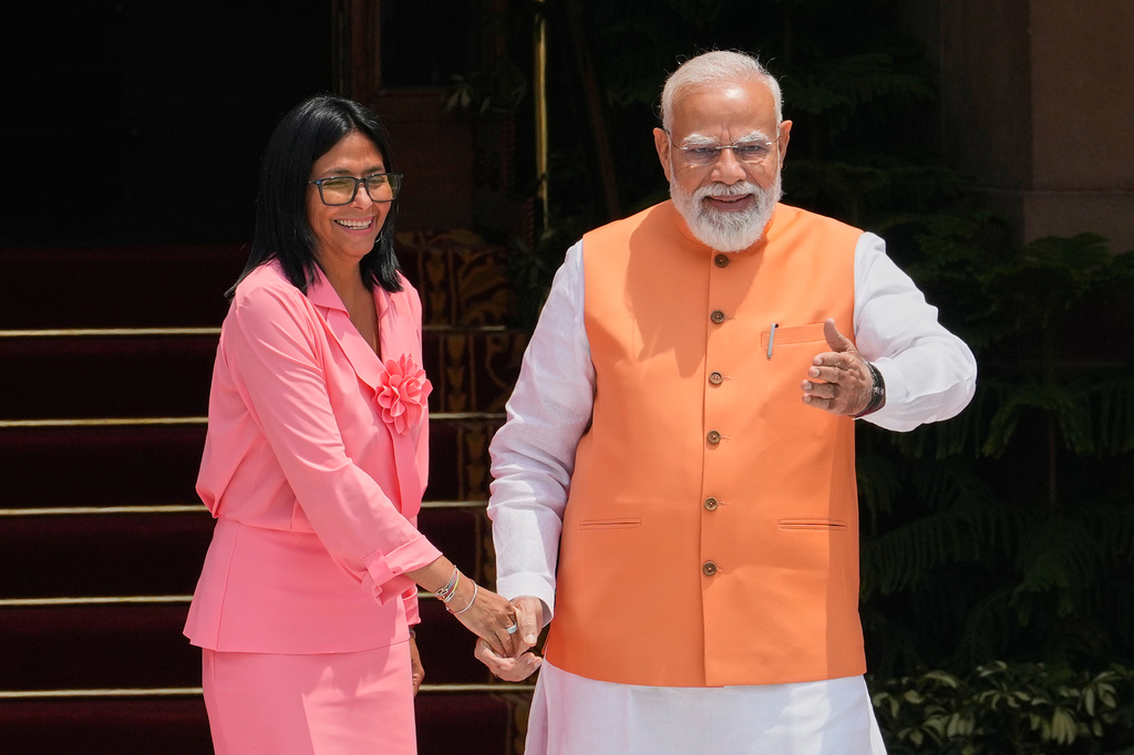 Indian Prime Minister Narendra Modi welcomes Venezuela's acting President Delcy Rodriguez as she arrives for a meeting in New Delhi, India, Thursday, June 4, 2026. (AP Photo/Manish Swarup)