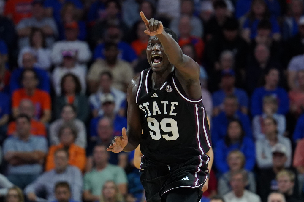 Mississippi State forward Achor Achor shouts to his team while playing Florida during the first half of an NCAA college basketball game, Tuesday, March 3, 2026, in Gainesville, Fla. (AP Photo/Morgan Hurd)