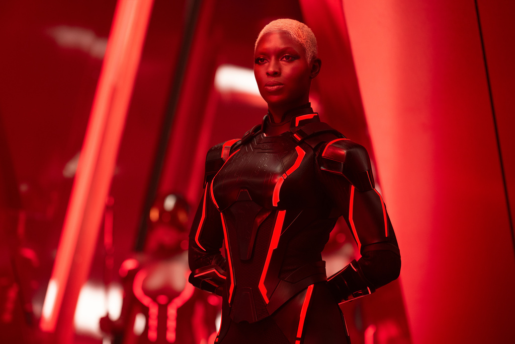 This image released by Disney shows Jodie Turner-Smith in a scene from "Tron: Ares." (Disney via AP)